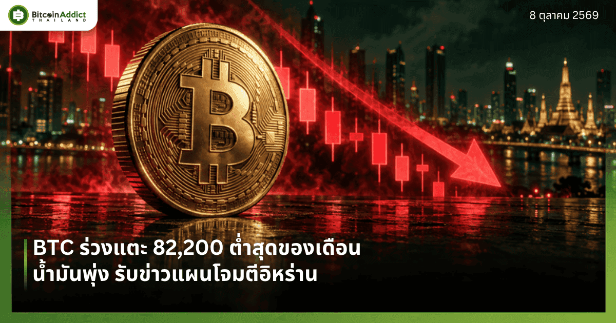 ราคา Bitcoin (BTC) วันนี้ 8 ตุลาคม 2569 ร่วงแตะ 82,200 ดอลลาร์ ต่ำสุดของเดือน น้ำมันพุ่งรับข่าวแผนโจมตีอิหร่าน