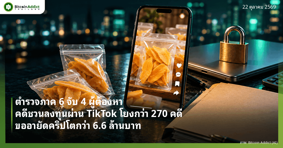 ตำรวจภาค 6 จับ 4 ผู้ต้องหาคดีชวนลงทุนผ่าน TikTok โยงกว่า 270 คดี ขออายัดคริปโตกว่า 6.6 ล้านบาท